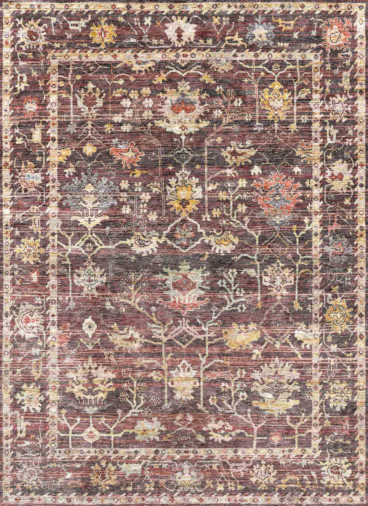 Dark burgundy traditional rug with a distressed floral medallion pattern in muted gold, blue, and cream.