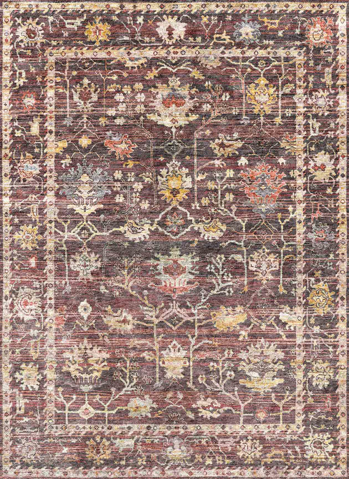 Bild 1 in Galerieansicht laden. Dark burgundy traditional rug with a distressed floral medallion pattern in muted gold, blue, and cream.