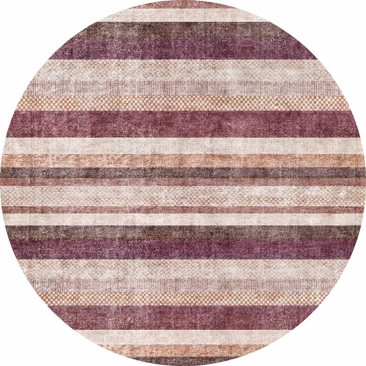 Round rug with horizontal stripes in shades of burgundy, brown, tan, and cream, featuring a distressed, textured finish.