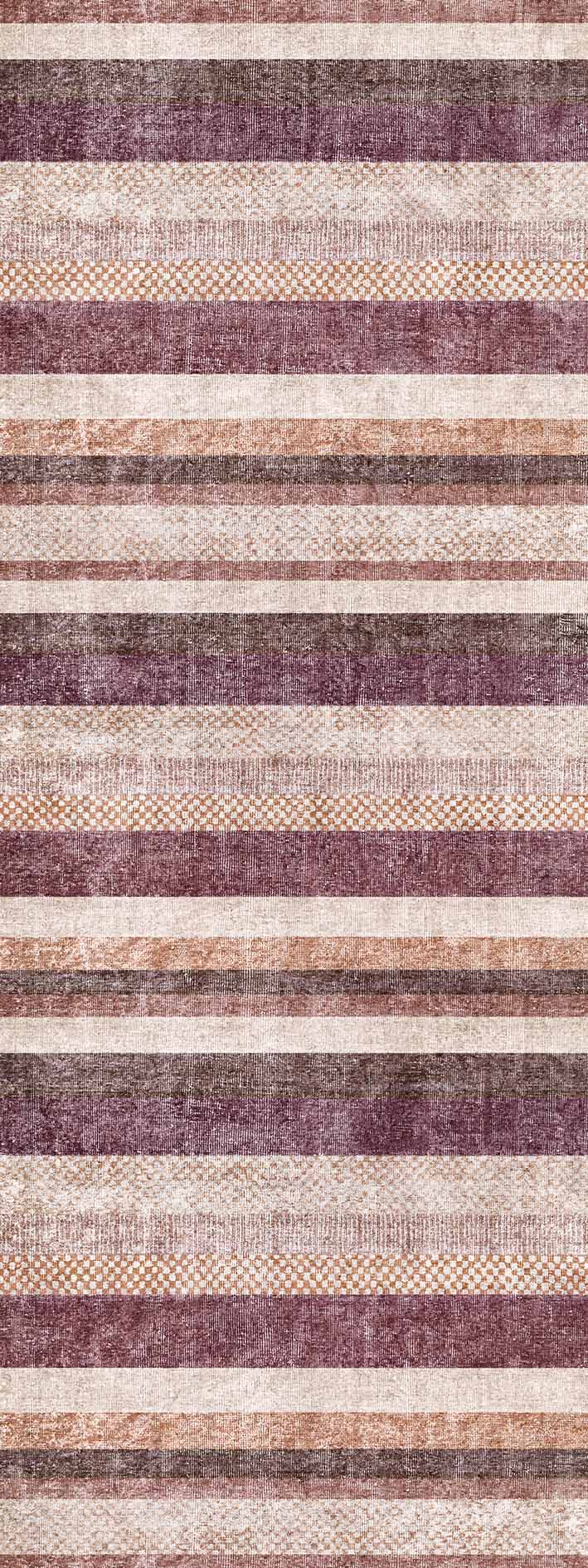 Distressed horizontal striped rug in shades of plum, copper, and cream with a subtle checkered texture.