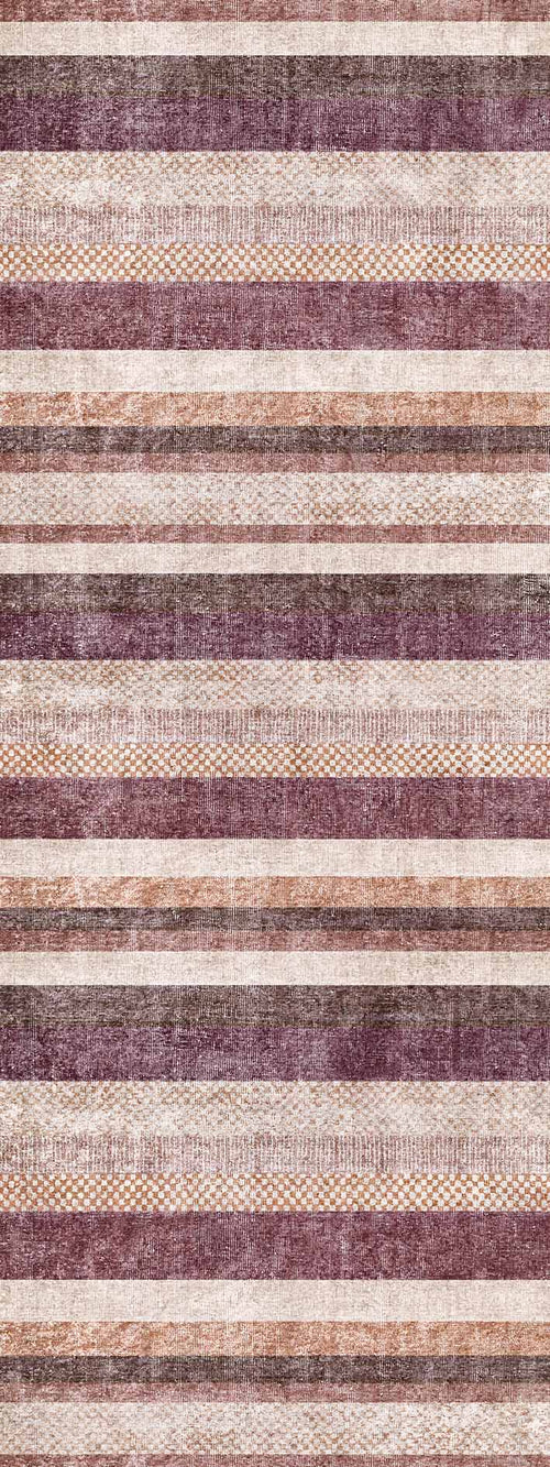 Load image 1 in gallery view. Distressed horizontal striped rug in shades of plum, copper, and cream with a subtle checkered texture.
