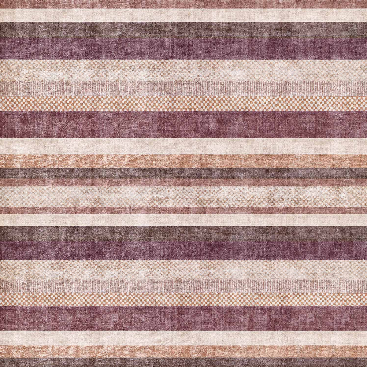 Distressed horizontal striped rug in shades of plum, beige, and copper with textured, woven-look bands.