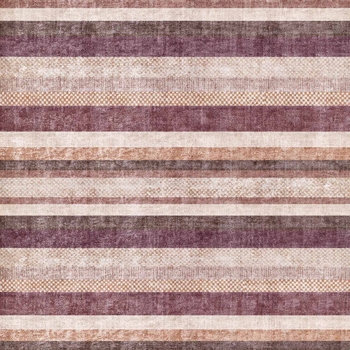 Load image 1 in gallery view. Distressed horizontal striped rug in shades of plum, beige, and copper with textured, woven-look bands.