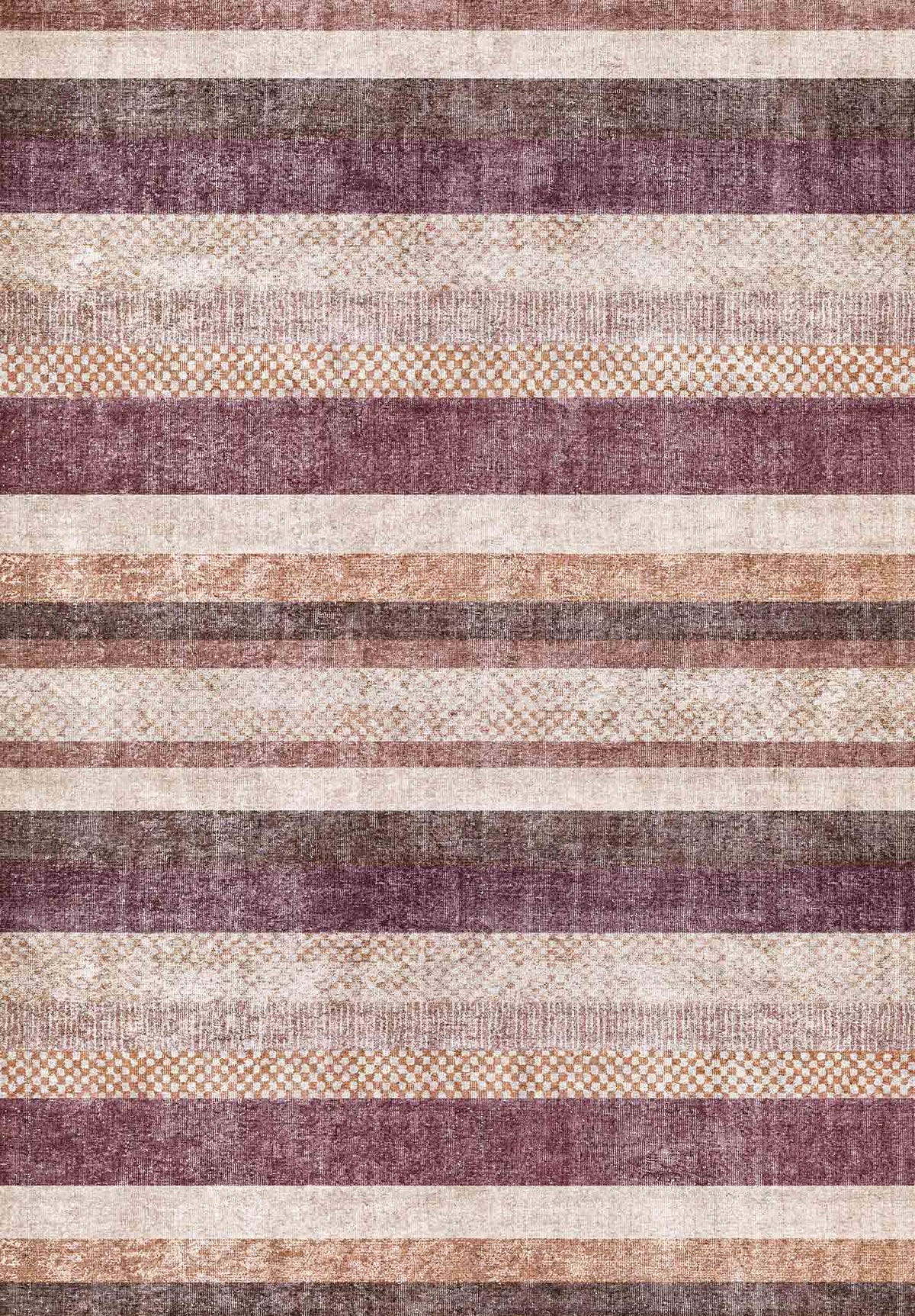 Distressed horizontal striped rug in shades of plum, beige, and copper with a repeating checkered band pattern.