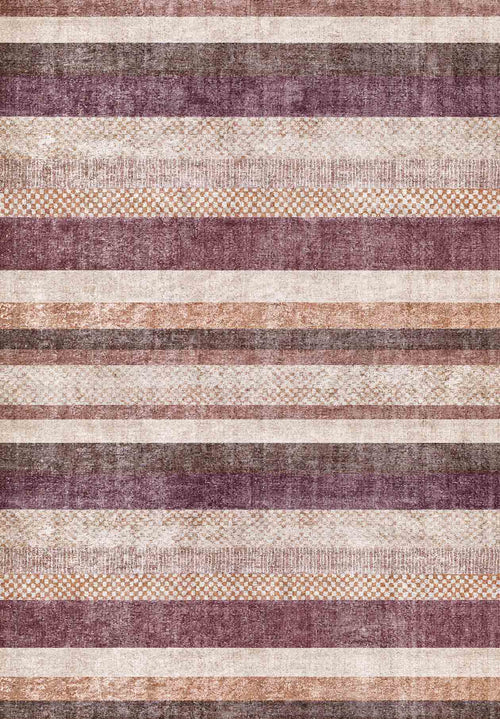 Load image 1 in gallery view. Distressed horizontal striped rug in shades of plum, beige, and copper with a repeating checkered band pattern.