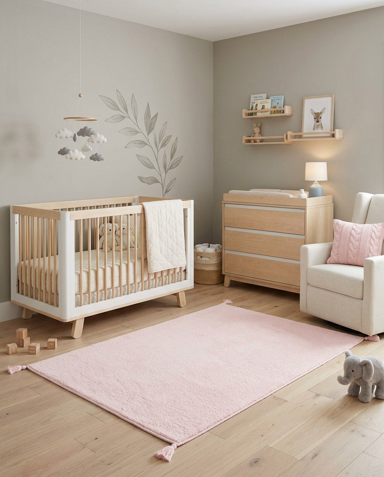 Solid light pink area rug with corner tassels, styled in a neutral-toned nursery.