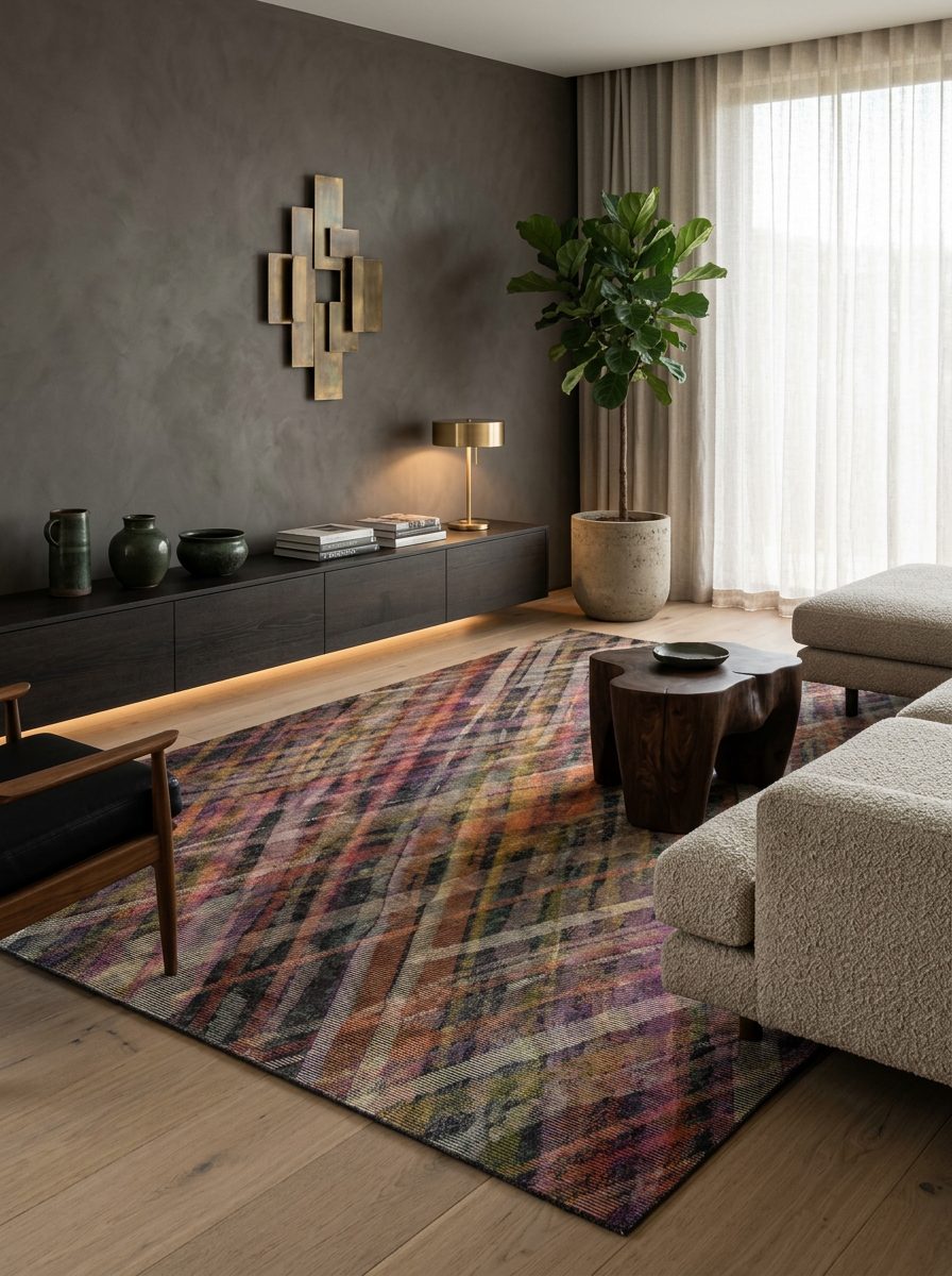 Multicolor abstract plaid rug with intersecting diagonal lines in a modern living room.