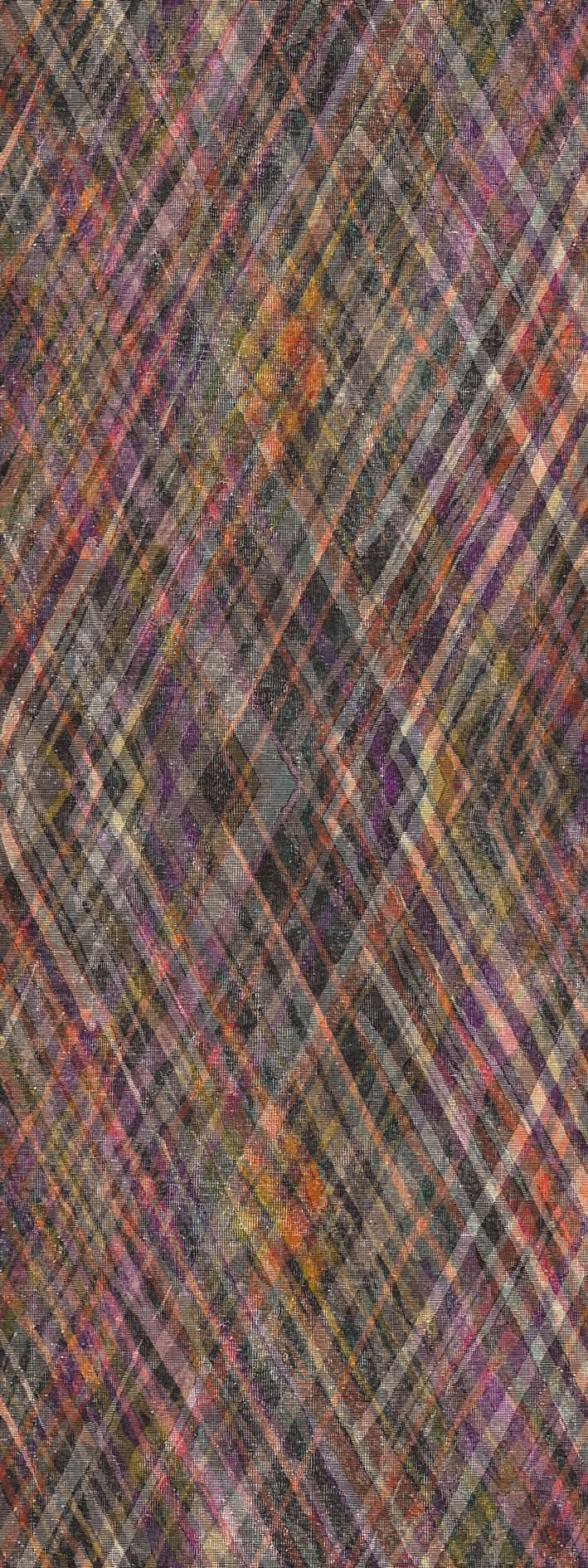 Multi-colored plaid rug with a diagonal diamond pattern in shades of purple, orange, black, and grey.