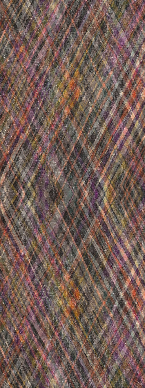 Load image 1 in gallery view. Multi-colored plaid rug with a diagonal diamond pattern in shades of purple, orange, black, and grey.