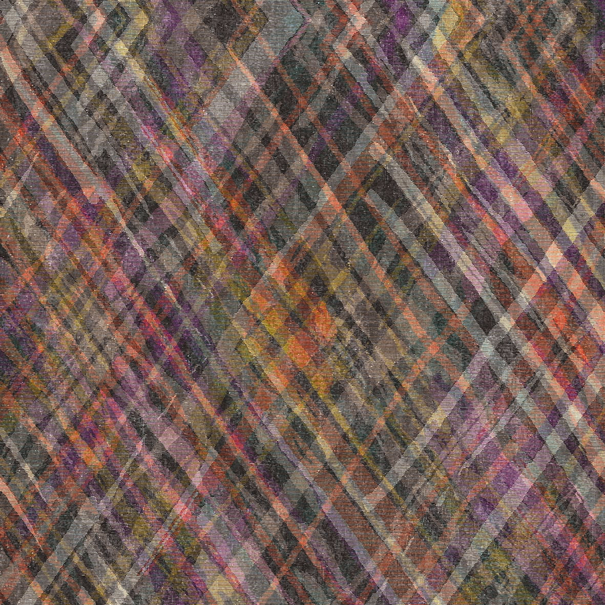Multicolor plaid rug with diagonal intersecting lines in shades of purple, orange, black, and cream.
