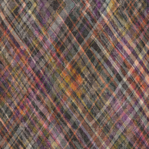 Load image 1 in gallery view. Multicolor plaid rug with diagonal intersecting lines in shades of purple, orange, black, and cream.