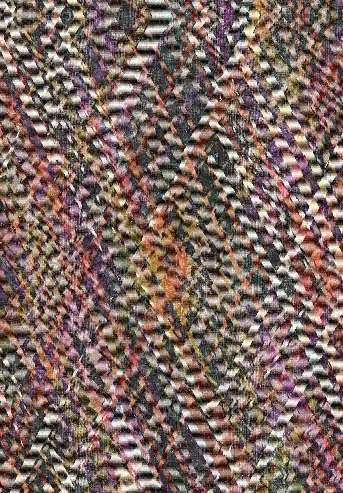 Multicolor abstract rug with a dark, textured background and a prominent white diagonal plaid grid pattern.
