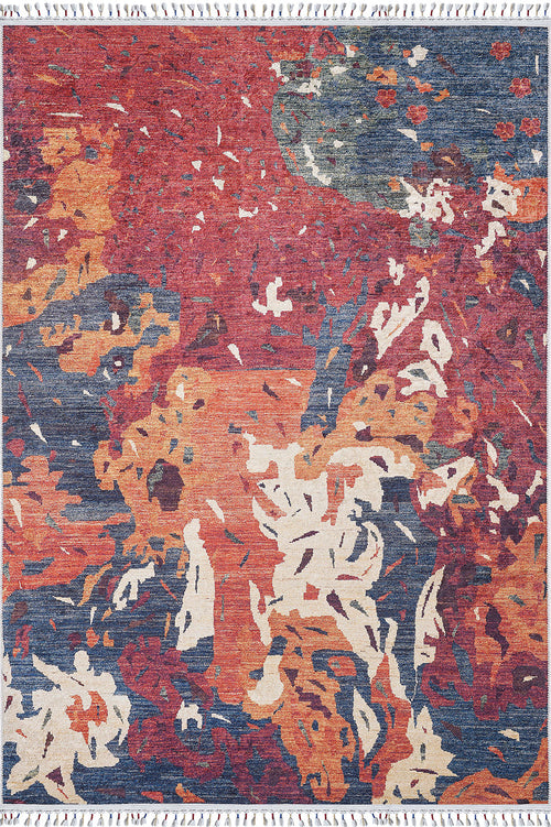 Load image 1 in gallery view. The Psychedelic Splash - Machine-Washable Rug - JR5096 features bold red, blue, orange, cream, and gray abstract shapes with fringed edges—ideal for adding vibrant style and easy care to busy spaces.