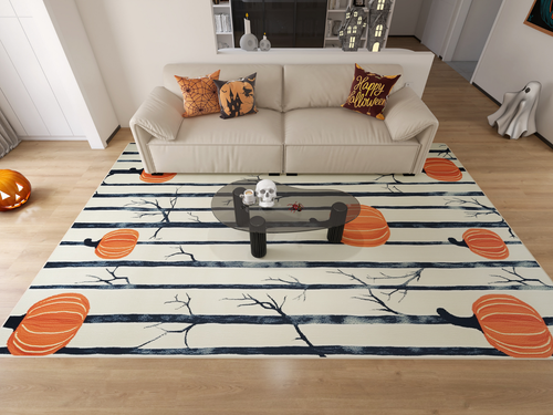 Load image 1 in gallery view. A living room decorated for Halloween with the Pumpkin Grove - Washable Rug - HLW002, Halloween-themed pillows on the sofa, a coffee table with a skull and candles, and a ghost decoration in the corner.