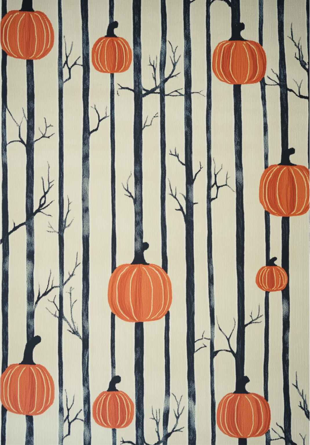 Pumpkin Grove - Washable Rug - HLW002 (Custom Size) features tall, thin black tree trunks with bare branches on a pale background and large orange pumpkins, creating a whimsical, allergy-friendly accent for any space.