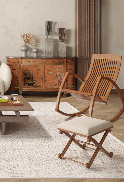 Load image 1 in gallery view. A stylish living room features a wooden chair, matching footstool, low coffee table with snacks, ornate red sideboard, and the Pure Bliss - Washable Rug - JR745 (Outlet) US for comfort and easy cleaning in high-traffic areas, finished with modern decor.