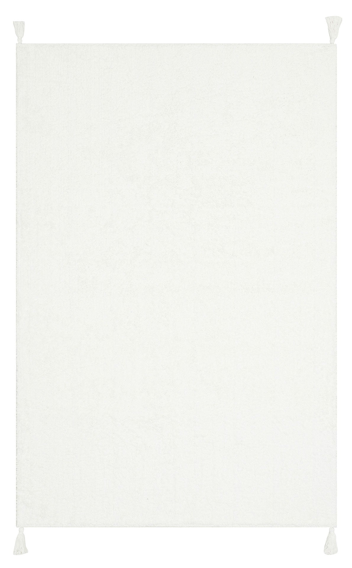 The Pure Thread - Washable Shaggy - CBNPLAIN is a soft, plain white cotton rug with small white tassels at each corner. Its minimalistic, machine-washable design stands out against a white background.