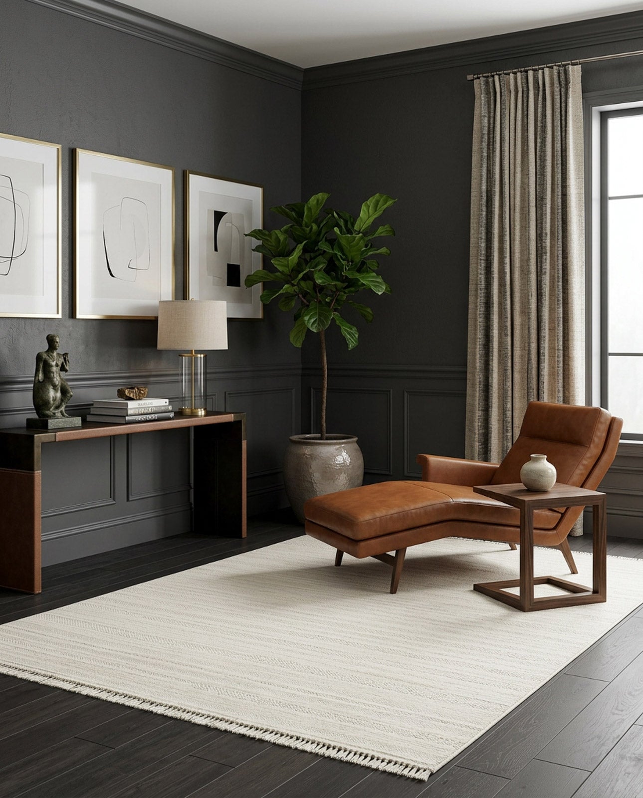 Off-white area rug with subtle diagonal texture and fringe edges, styled in a dark-walled living room with leather chaise.