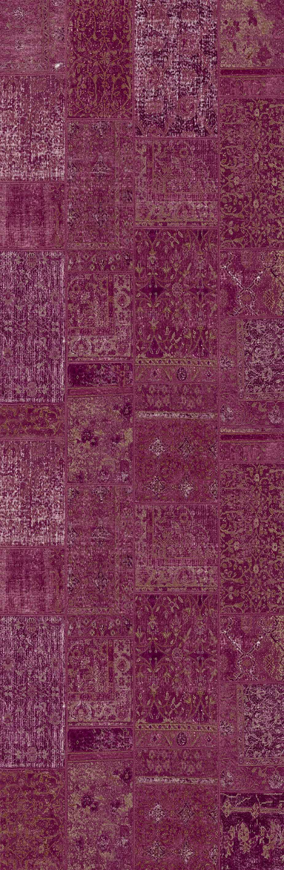 The Purple Mist - Washable Rug (JRN1038) features rectangular panels in purple tones with intricate, faded floral and geometric patterns, offering a vintage, textured look—ideal for high-traffic areas.