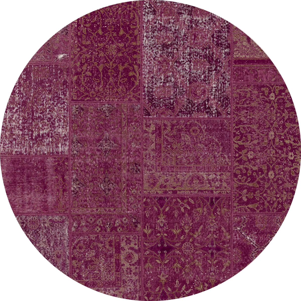 The Purple Mist - Washable Rug (JRN1038) features a round shape with a deep purple and burgundy patchwork of intricate floral and geometric designs, making it perfect for high-traffic areas.