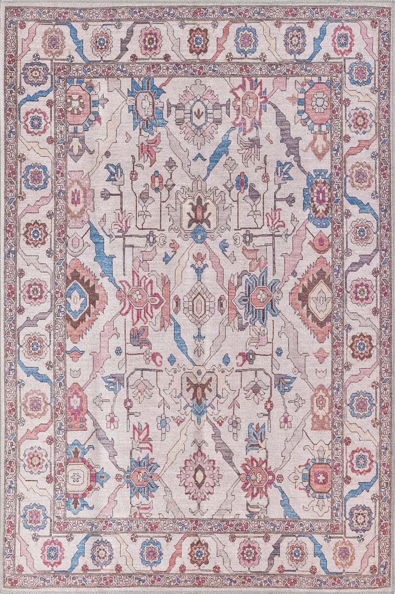 The Quasar Traditional Washable Rug - LCC3024 (Custom Size) features an intricate geometric and floral pattern in muted blue, red, cream, and beige tones, with a detailed border—ideal for high-traffic areas.