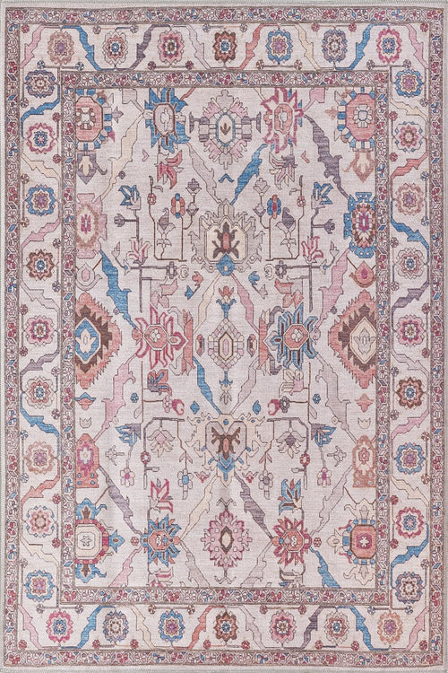 Load image 1 in gallery view. The Quasar Traditional Washable Rug - LCC3024 (Custom Size) features an intricate geometric and floral pattern in muted blue, red, cream, and beige tones, with a detailed border—ideal for high-traffic areas.