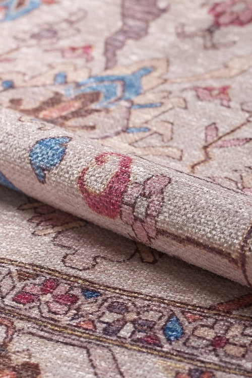 Load image 1 in gallery view. A close-up of the Quasar Traditional Washable Rug - LCC3024 (Custom Size) shows its beige background, colorful blue, red, and pink details, intricate border designs, and visible texture—ideal for high-traffic areas.