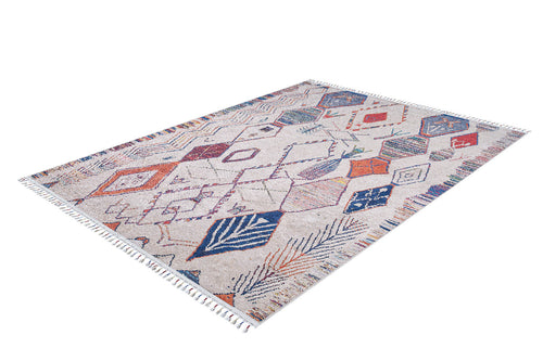 Load image 1 in gallery view. The Rainbow Rhapsody - Washable Rug - JR5060 (Custom Size) is a rectangular flatwoven rug with fringed edges, displaying blue, orange, red, and purple geometric patterns on a light beige background—ideal for high-traffic areas.