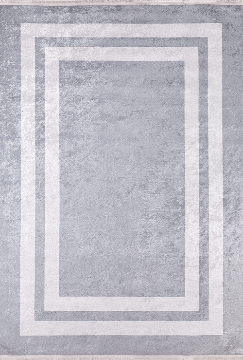 Load image 1 in gallery view. The Refined Edge - Washable Rug - JR573 (Custom Size) is a rectangular gray-anthracite rug with two lighter borders, a textured look, and modern minimalist style—perfect for high-traffic areas.