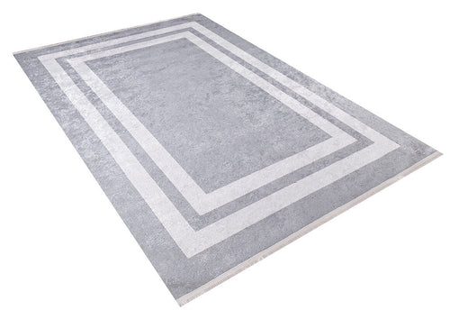 Load image 1 in gallery view. The Refined Edge - Washable Rug - JR573 (Custom Size) is a rectangular gray-anthracite rug with two nested white geometric borders, shown on a white background. Durable and washable, it's perfect for high-traffic areas.