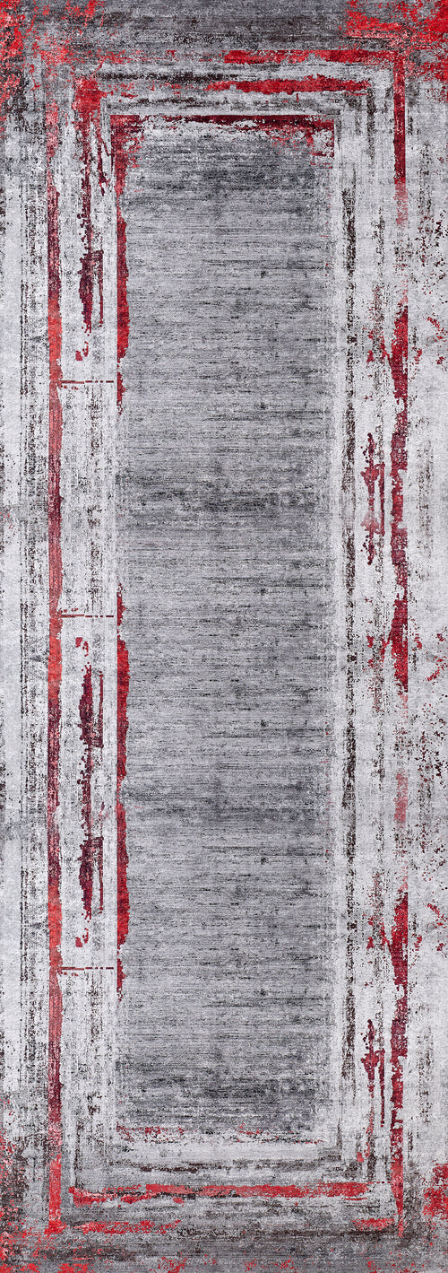 Load image 1 in gallery view. The Refined and Timeless - Washable Rug - JR1500 features a rectangular faded gray center with distressed red and black borders, offering a modern, weathered look that's perfect for high-traffic areas.