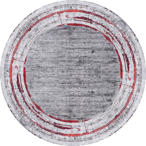 Load image 1 in gallery view. The Refined and Timeless - Washable Rug - JR1500 features a textured gray center with distressed red and white concentric borders. Its modern, abstract design is perfect for high-traffic areas, bringing style to any space.
