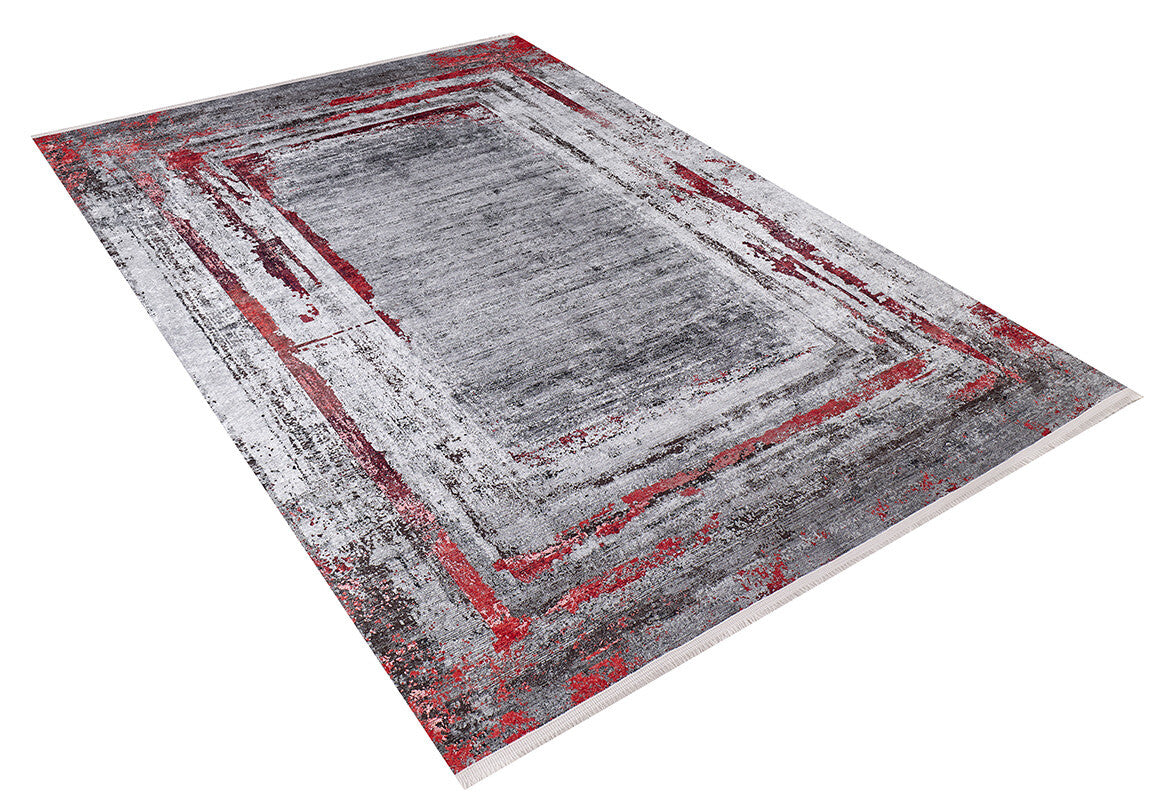 The Refined and Timeless - Washable Rug - JR1500 (Custom Size) features a modern abstract pattern in gray, white, and red with layered rectangular borders. Easy to clean and ideal for high-traffic areas. Shown on a white background.