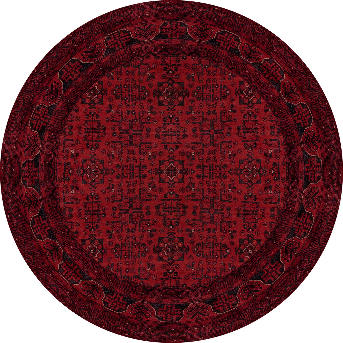The Regal Accents - Washable Rug - JR36 is a round, deep red rug with geometric motifs, intricate dark patterns, and a wide decorative border—perfect for bringing traditional charm to high-traffic spaces.