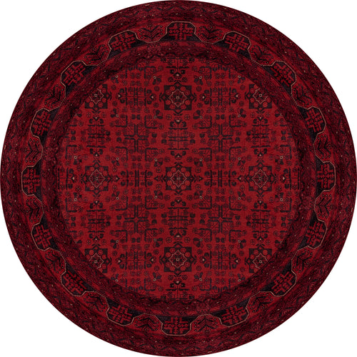Load image 1 in gallery view. The Regal Accents - Washable Rug - JR36 is a round, deep red rug with geometric motifs, intricate dark patterns, and a wide decorative border—perfect for bringing traditional charm to high-traffic spaces.