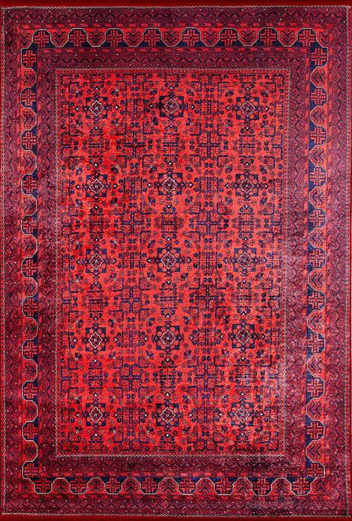 Load image 1 in gallery view. The Regal Accents - Washable Rug - JR36 (Custom Size) is a traditional red oriental rug with dark blue and black geometric and floral patterns, multiple decorative borders, and is washable for easy care—perfect for high-traffic areas.