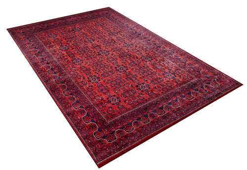Load image 1 in gallery view. The Regal Accents - Washable Rug - JR36 (Custom Size) is a large rectangular red rug with dark blue and black geometric and floral patterns, plus a detailed border—durable for high-traffic areas—shown flat on a white background.