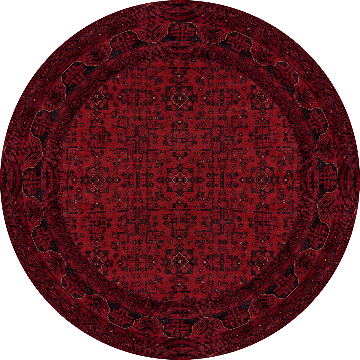 The Regal Accents - Washable Rug - JR36 (Custom Size) features a round, deep red design with black geometric and floral patterns and an ornate border. Perfect for high-traffic areas, it brings a traditional, richly detailed look to any space.
