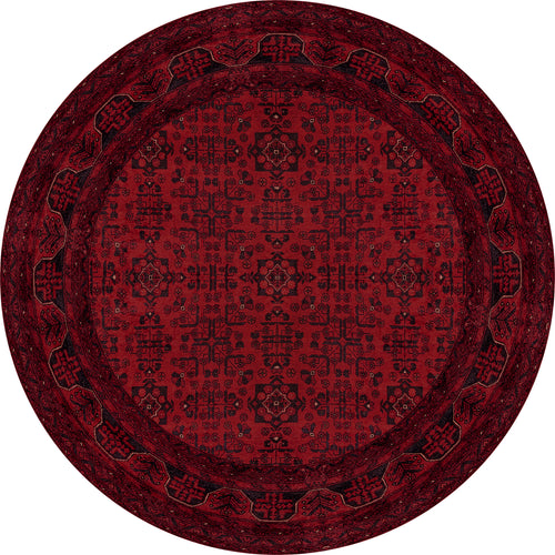 Load image 1 in gallery view. The Regal Accents - Washable Rug - JR36 (Custom Size) features a round, deep red design with black geometric and floral patterns and an ornate border. Perfect for high-traffic areas, it brings a traditional, richly detailed look to any space.