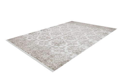 Load image 1 in gallery view. The Regal Embellishment - Washable Rug - JR1590 (Custom Size) features a beige and white floral and geometric pattern, is rectangular, easy to clean, perfect for high-traffic areas, and shown on a white background.