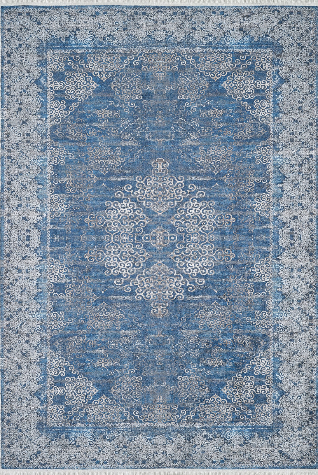 The Regal Insignia - Washable Rug - JR1786 (Custom Size) features an ornate blue and white design with a central medallion, floral motifs, and decorative borders, making it an elegant and practical choice for high-traffic areas.