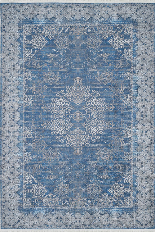Bild 1 in Galerieansicht laden. The Regal Insignia - Washable Rug - JR1786 (Custom Size) features an ornate blue and white design with a central medallion, floral motifs, and decorative borders, making it an elegant and practical choice for high-traffic areas.
