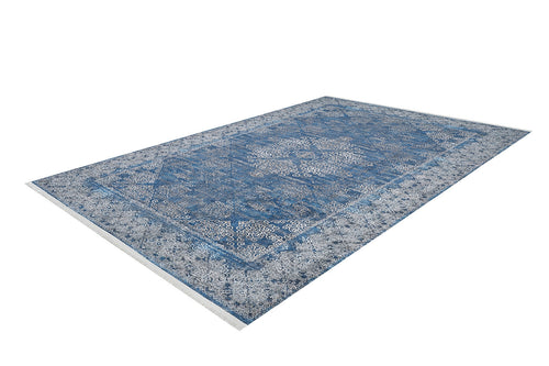 Bild 1 in Galerieansicht laden. The Regal Insignia - Washable Rug - JR1786 (Custom Size) features intricate oriental-style patterns and a decorative border in blue, shown from an angled top-down view—ideal for high-traffic areas.