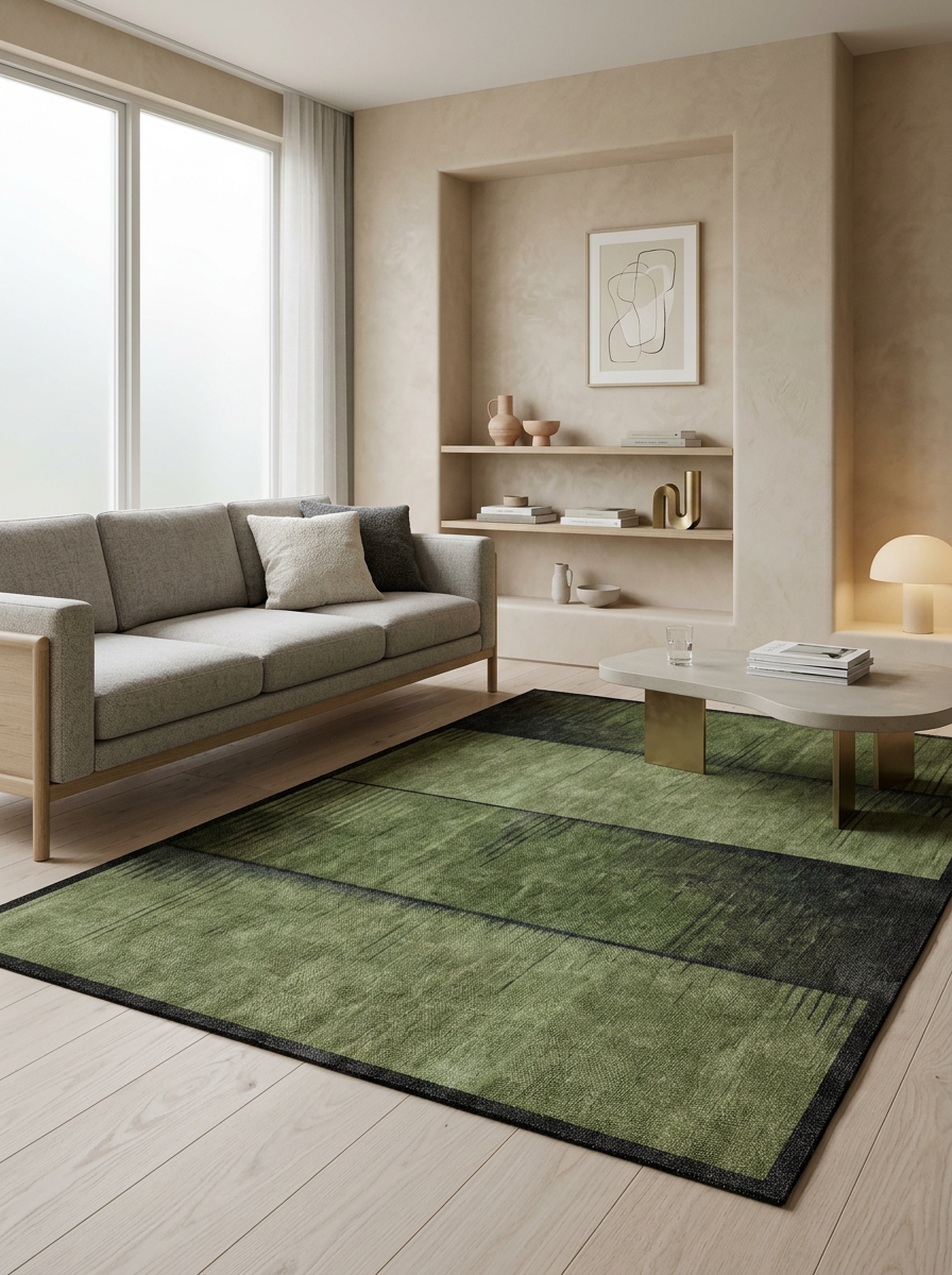 Olive green and charcoal abstract block-pattern rug in a neutral modern living room.