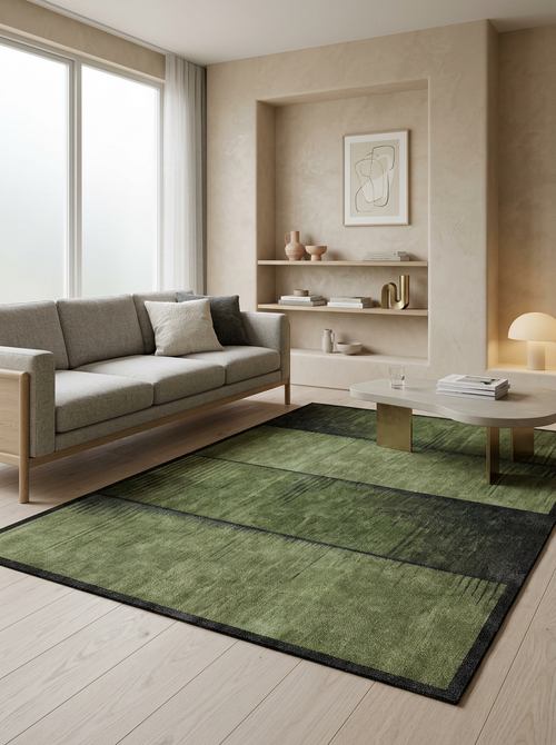 Load image 1 in gallery view. Olive green and charcoal abstract block-pattern rug in a neutral modern living room.