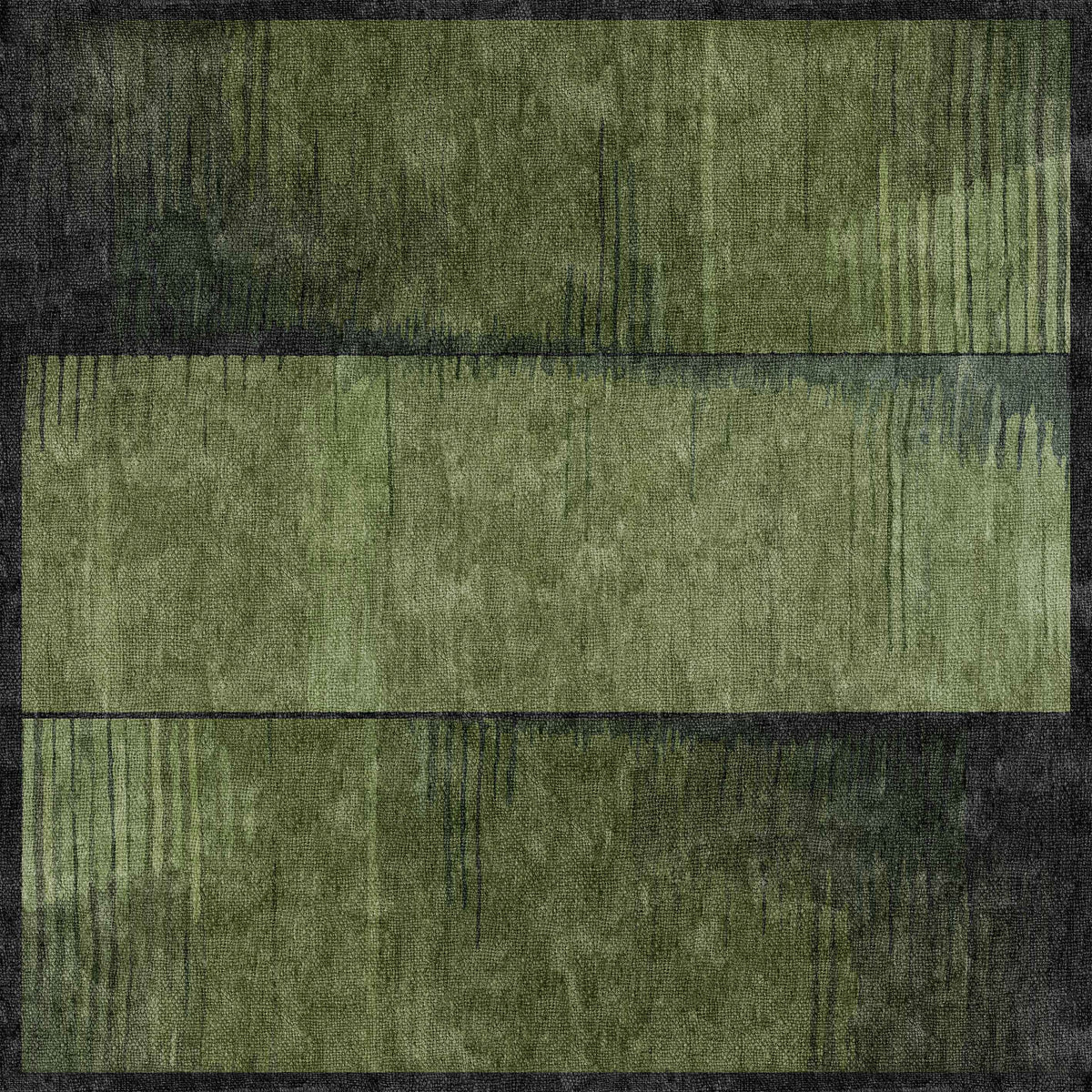 The Regal Texture - Washable Rug - JRN34 features three horizontal olive green rectangles with mottled, textured patterns and dark vertical streaks, all bordered by a slim dark frame—perfect for high-traffic areas.