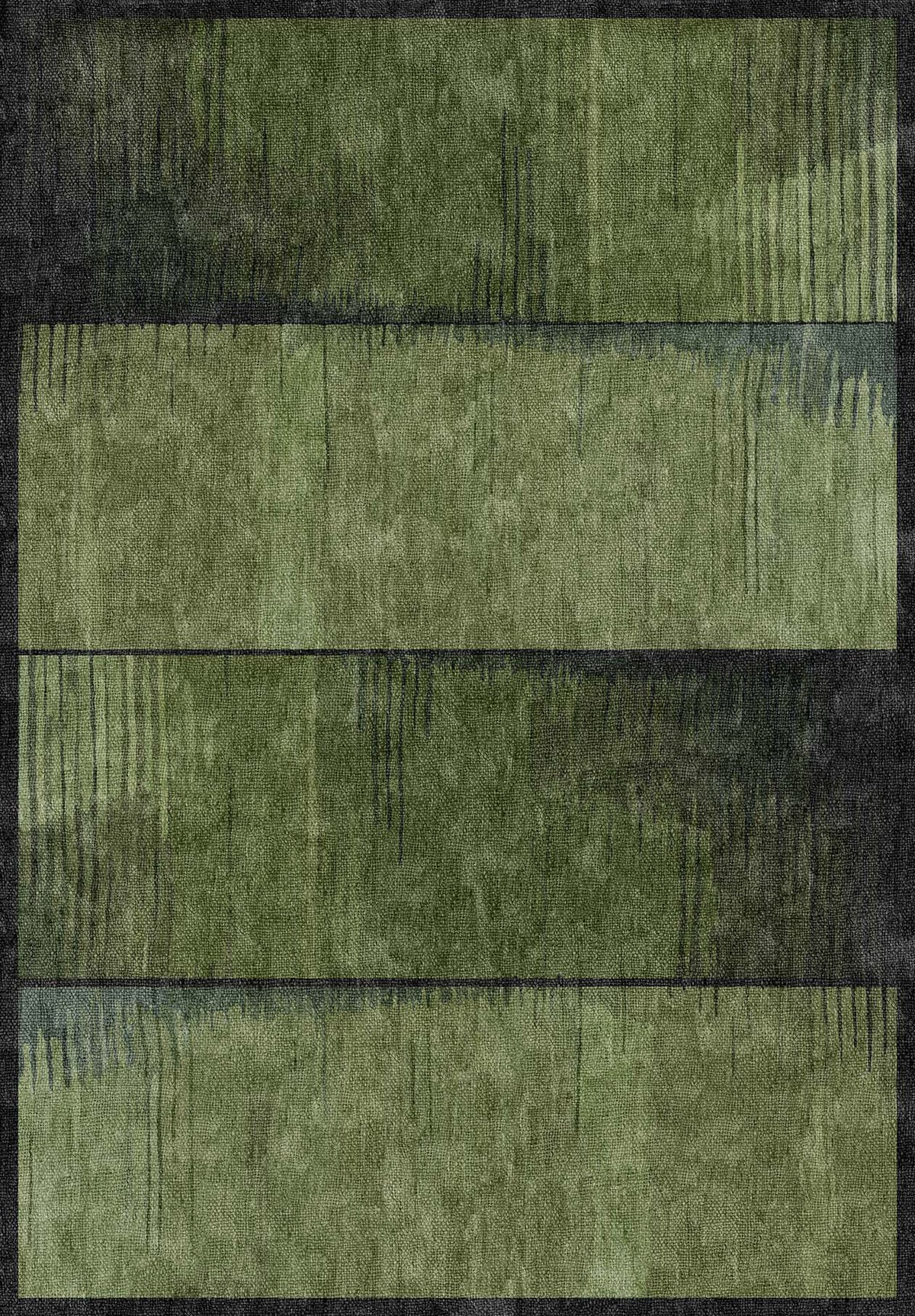 The Regal Texture - Washable Rug - JRN34 (Custom Size) features three wide horizontal green bands with darker vertical streaks and a mottled, textured look, separated by thin dark lines—ideal for high-traffic spaces seeking an organic touch.