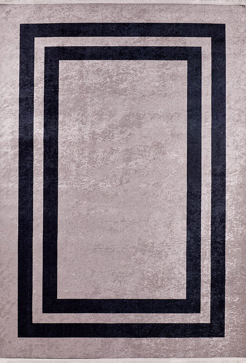 Load image 1 in gallery view. The Regal Trellis - Washable Rug - JR601 (Custom Size) features a textured light gray background with two bold dark rectangular borders, offering a modern geometric look ideal for high-traffic spaces.
