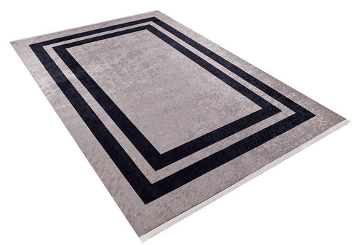 Load image 1 in gallery view. The Regal Trellis - Washable Rug - JR601 (Custom Size) features a rectangular shape with a light gray base and two bold black borders. Shown angled on a white background, it's ideal for high-traffic areas and easy to clean.