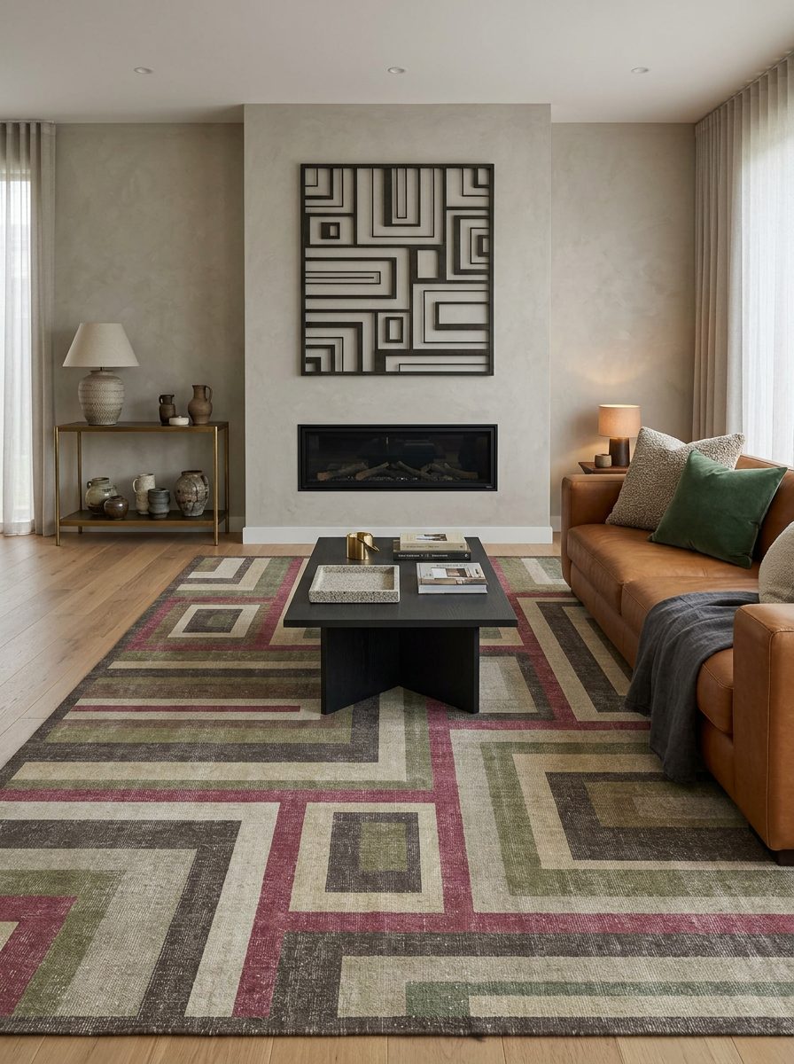 Geometric rug with a distressed pattern in olive, magenta, and charcoal, styled in a modern living room.